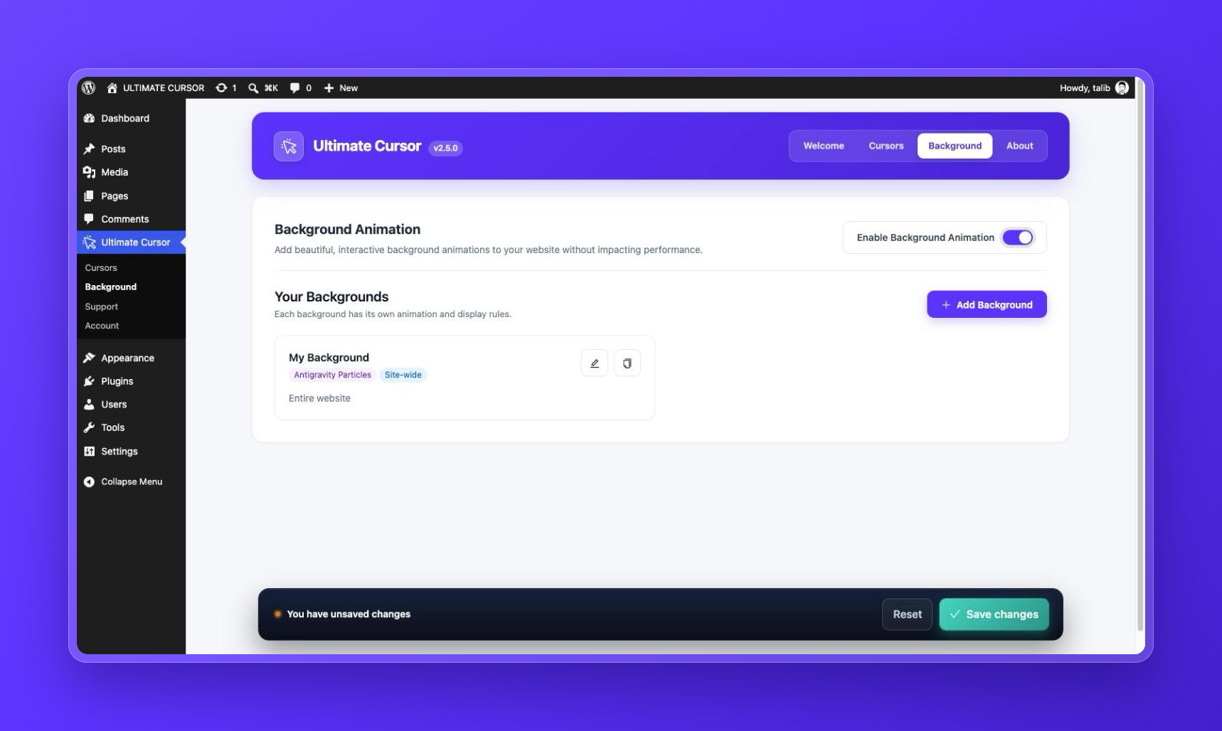 Background effects: enable a background and manage it from one list.