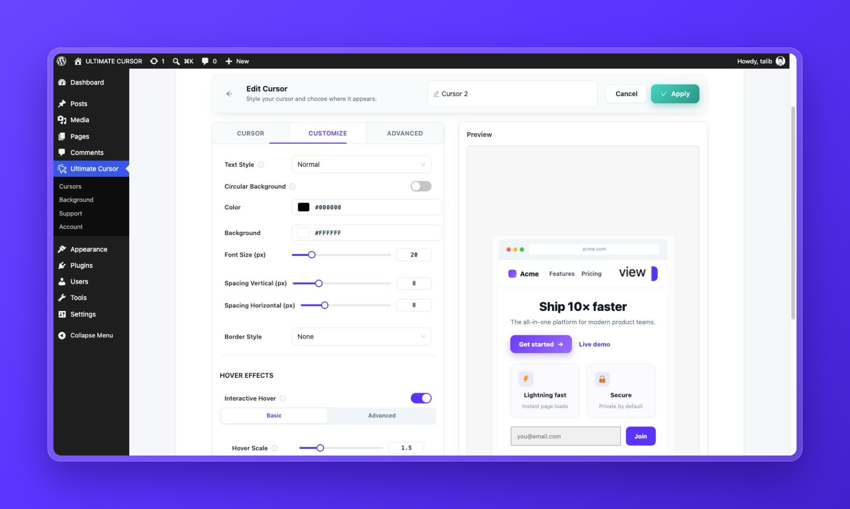 Style the text cursor: color, background, font size, spacing, and border.