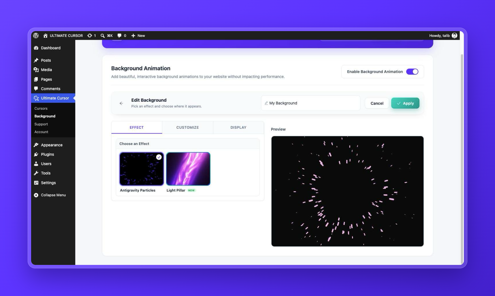 Antigravity background: floating particles with a live preview.