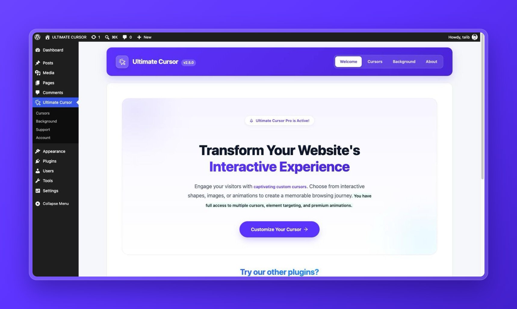 The Welcome page of the Ultimate Cursor dashboard.
