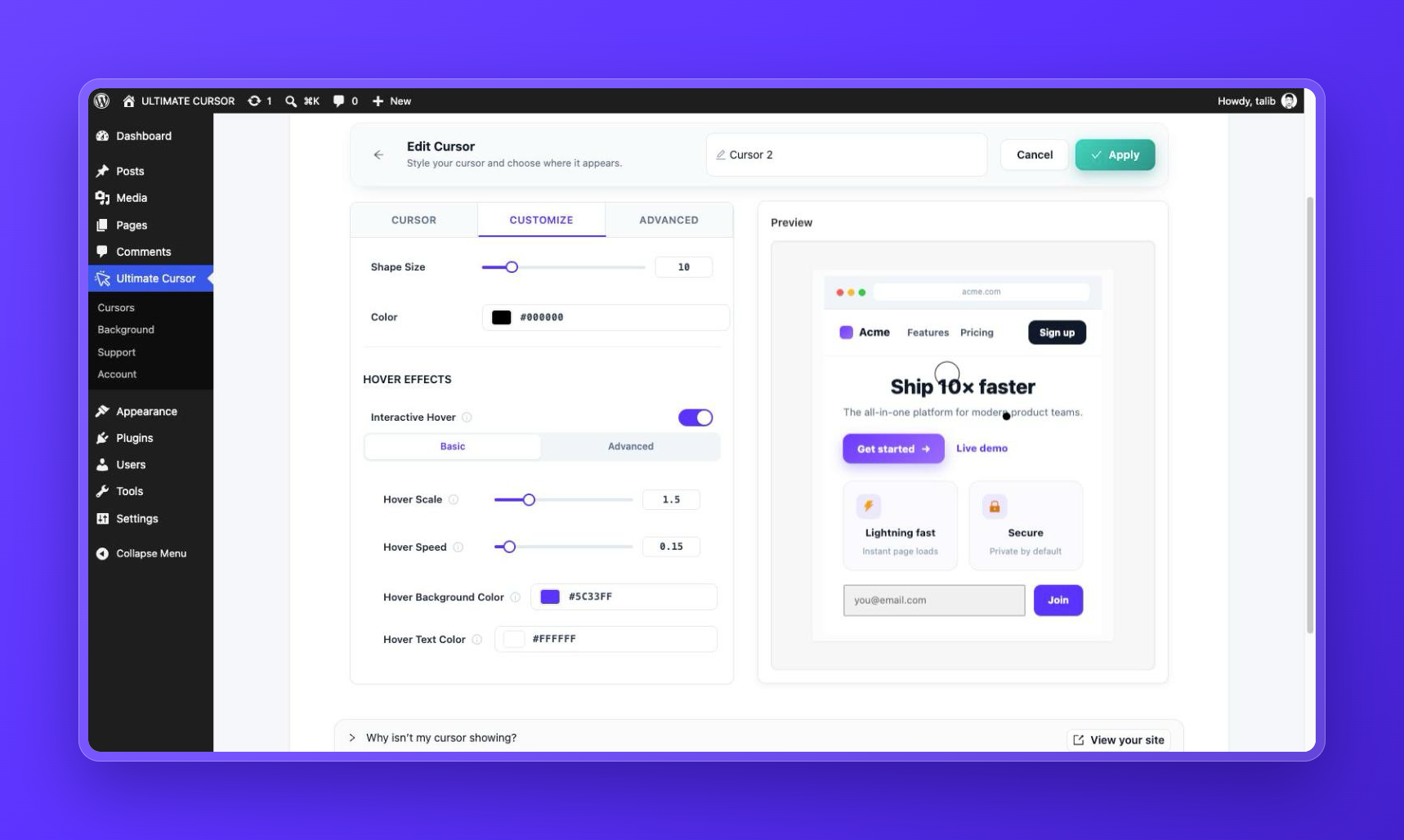 Set shape size and color. Interactive Hover options appear below (Pro).