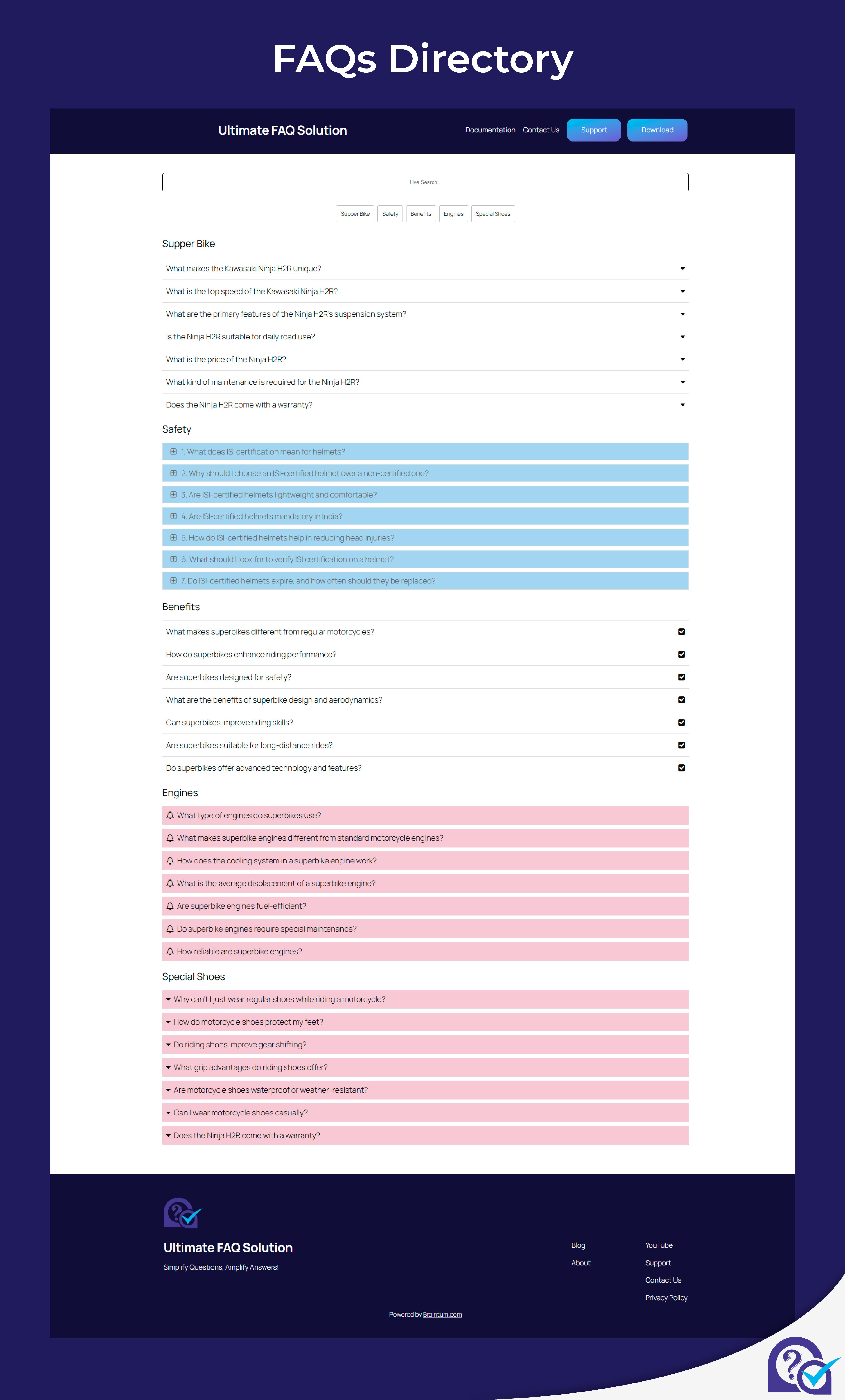 FAQ Directory: Searchable, filterable list of all FAQs in a responsive layout.