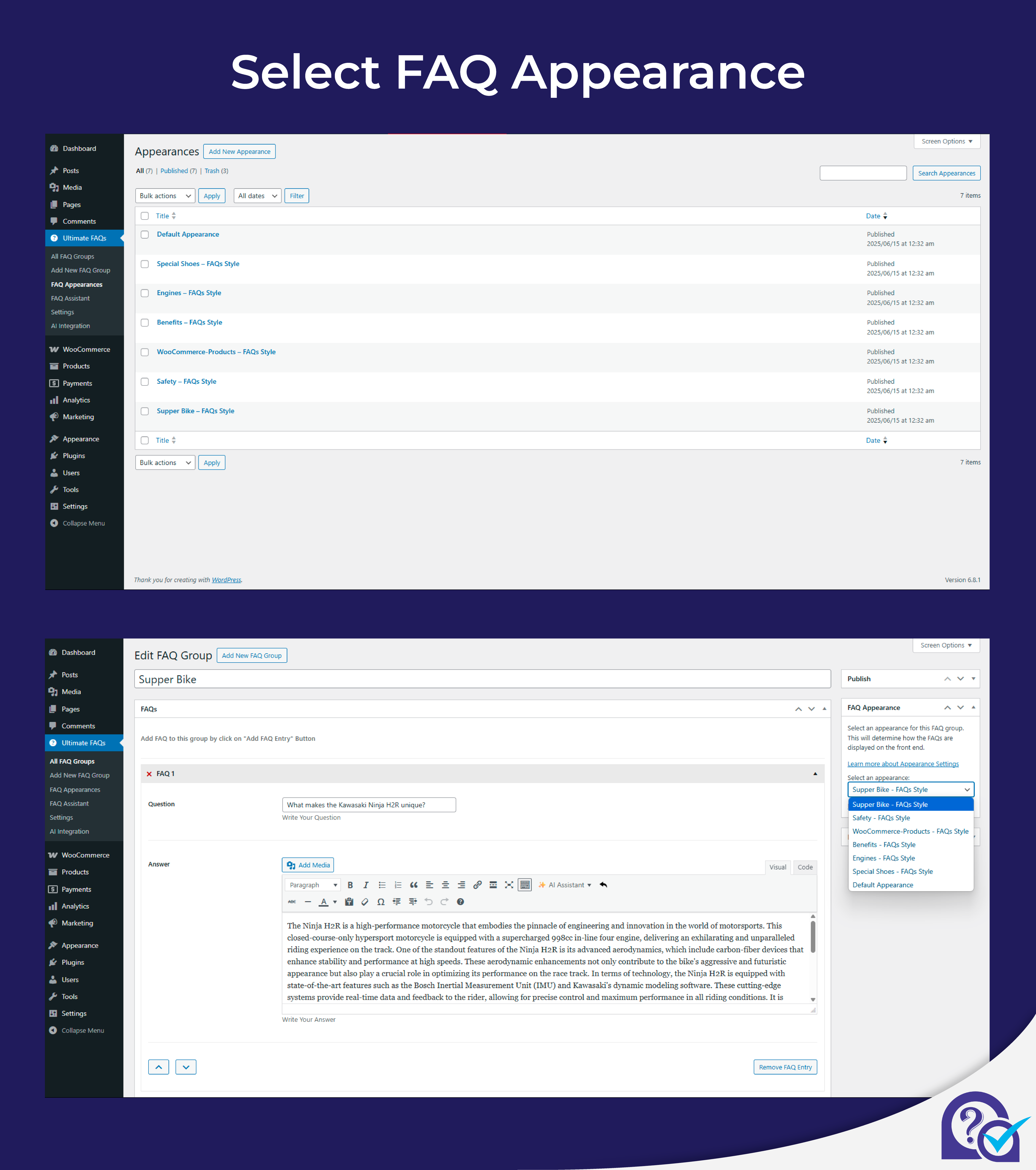 Assigning a custom appearance to a specific FAQ group for tailored styling.