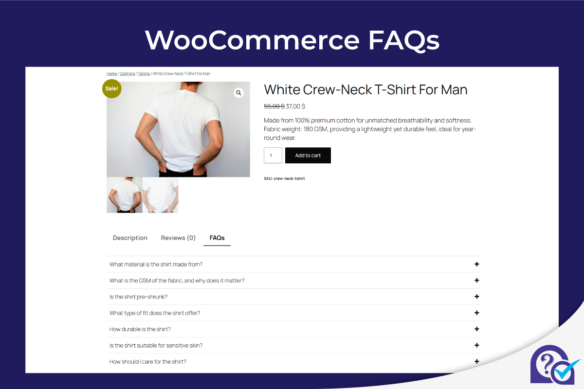 WooCommerce Product FAQ Tab: Example of FAQs displayed directly on a WooCommerce product landing page, helping customers get instant answers before purchase.