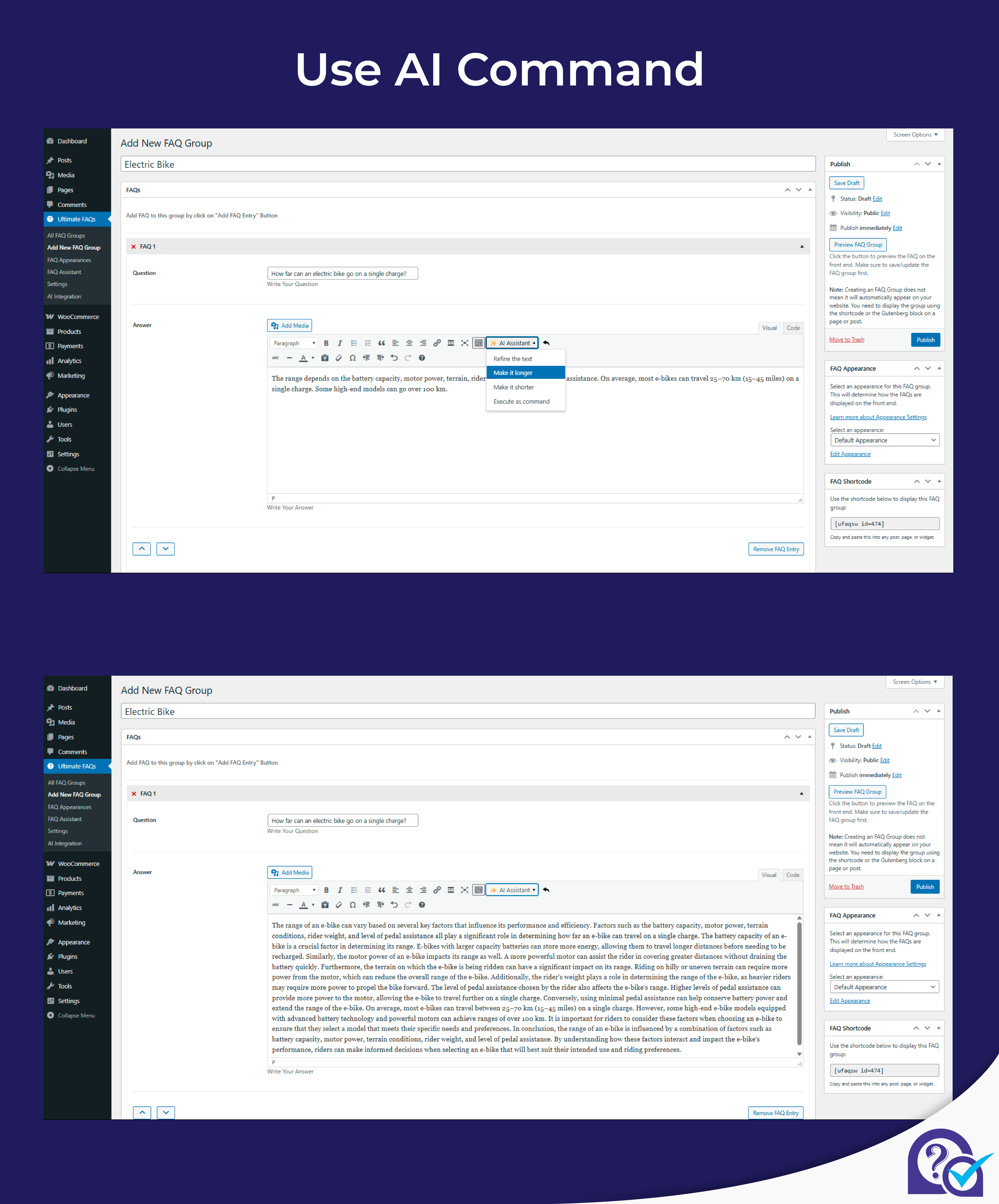 AI content generation: Instantly generate suggested answers for your FAQs using AI, streamlining the process of creating accurate and helpful responses.