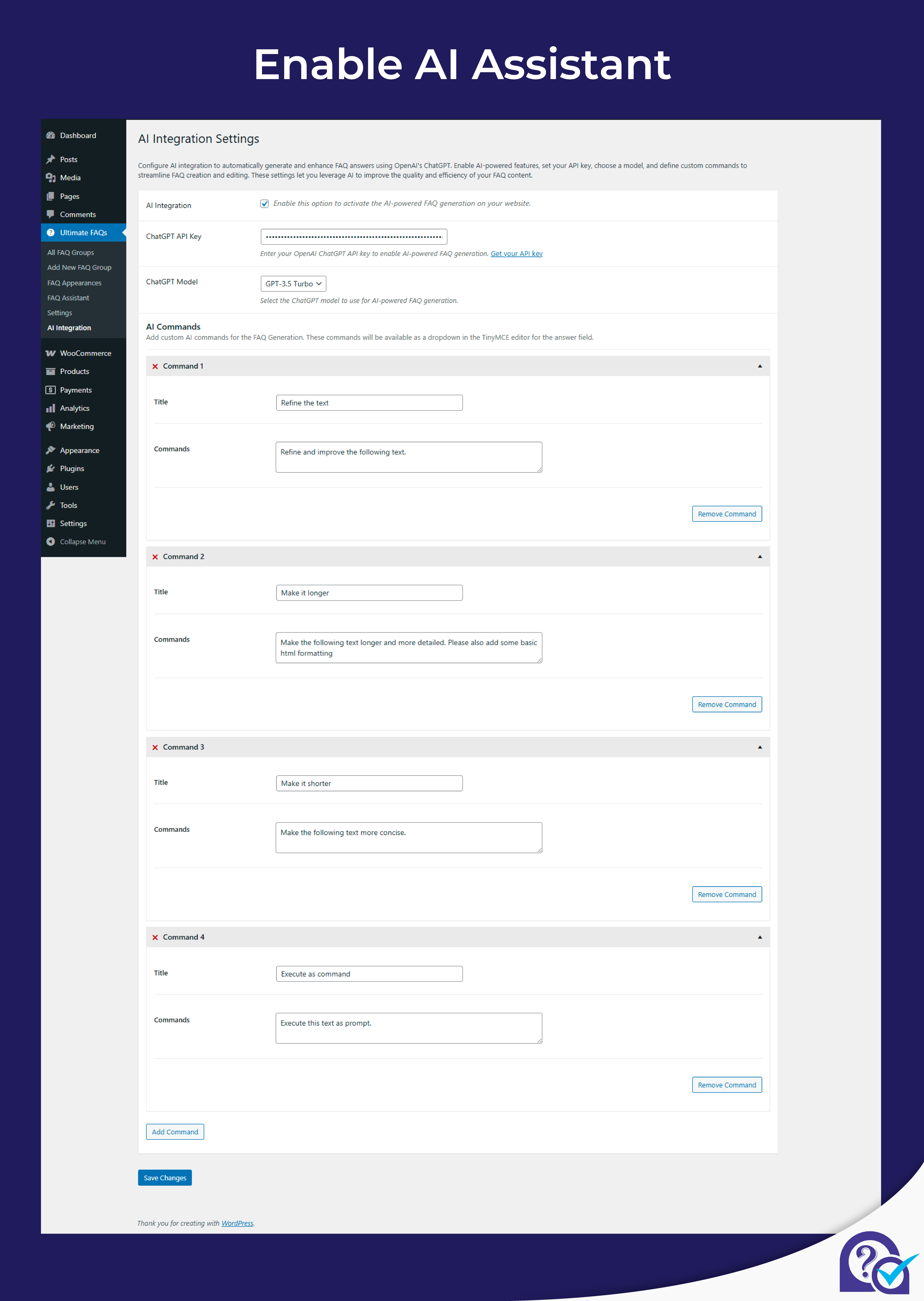 AI Integration settings: Configure and enable AI-powered answer suggestions for your FAQs, allowing you to generate answers instantly with a single click.