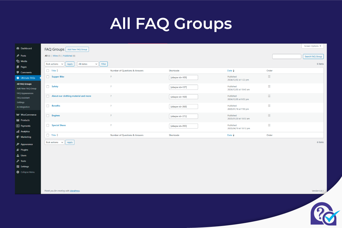 FAQ Group creation admin page: Easily create and organize FAQ groups from the WordPress dashboard for streamlined management.