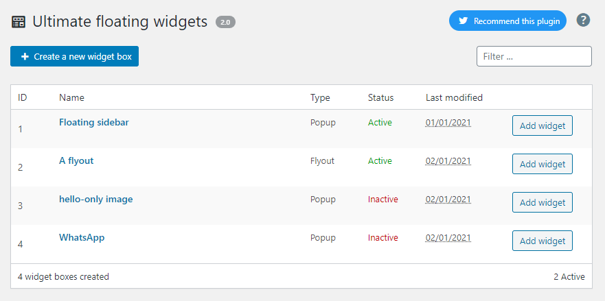 List of widget boxes created.