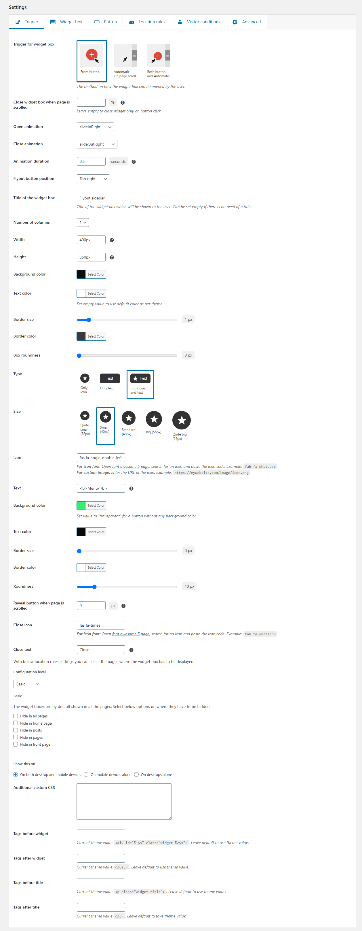 All supported widget box settings.