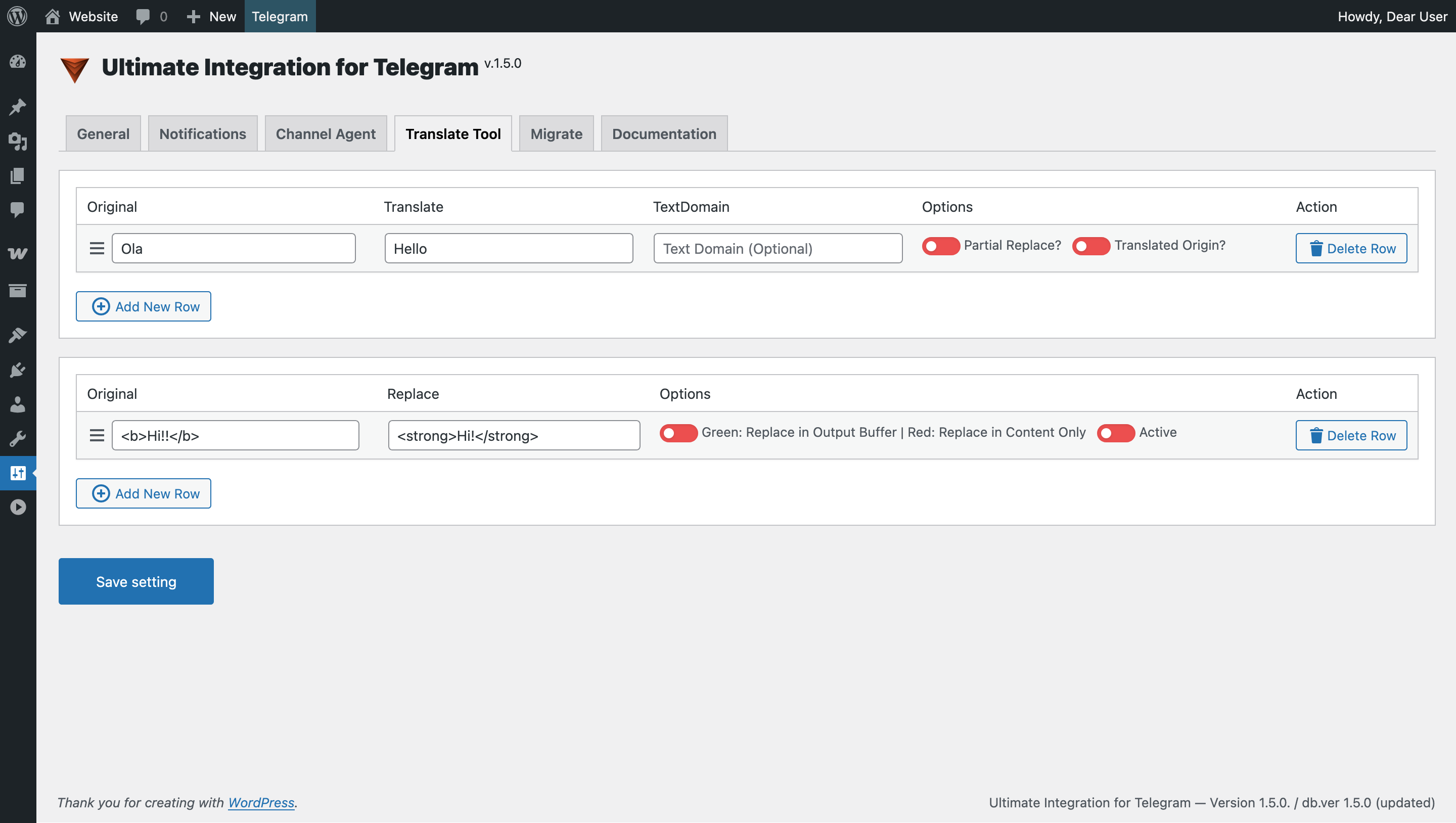 Setting &gt; Translation Tool