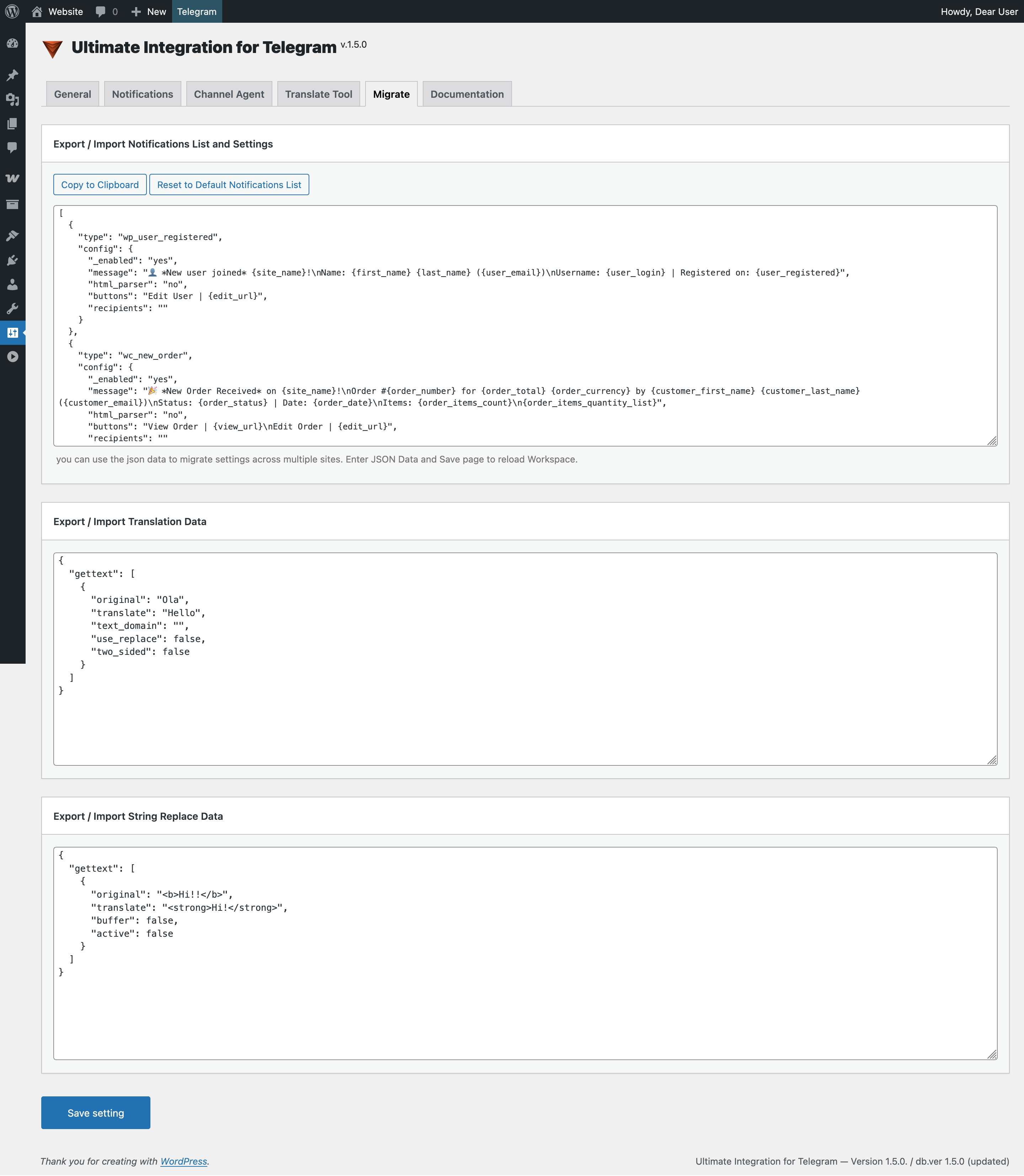 Setting &gt; Migration Panel