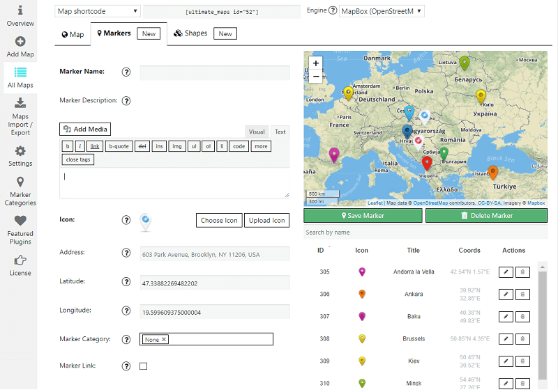 <p><a href="https://supsystic.com/plugins/ultimate-maps" title="Ultimate Maps WordPress plugin">Ultimate Maps WordPress plugin</a> admin area. Markers settings</p>