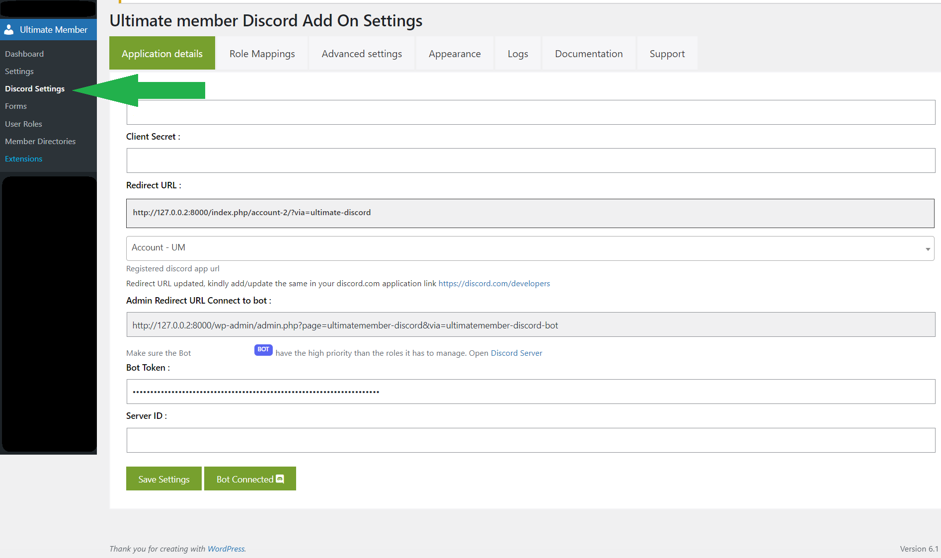 Install and activate the plugin and view the "Discord Settings" menu inside Ultimate Member menu.