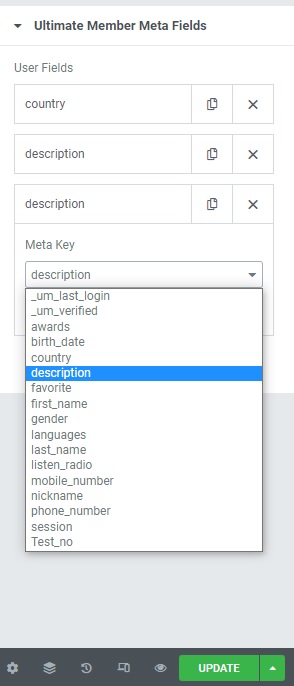 User Fields Meta Key Selector