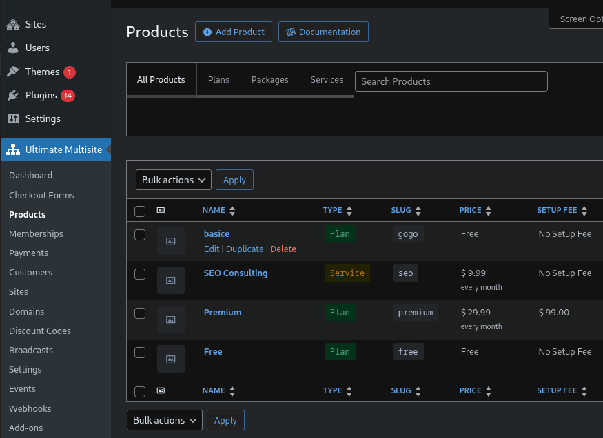 Setting up products and plans.