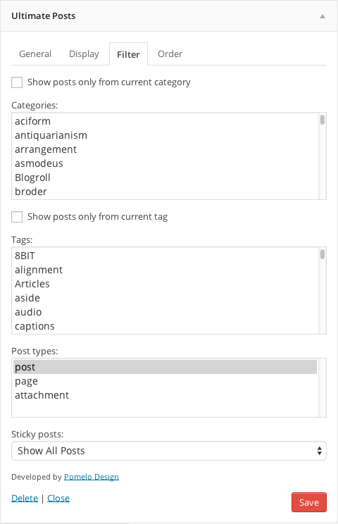 Filter options tab