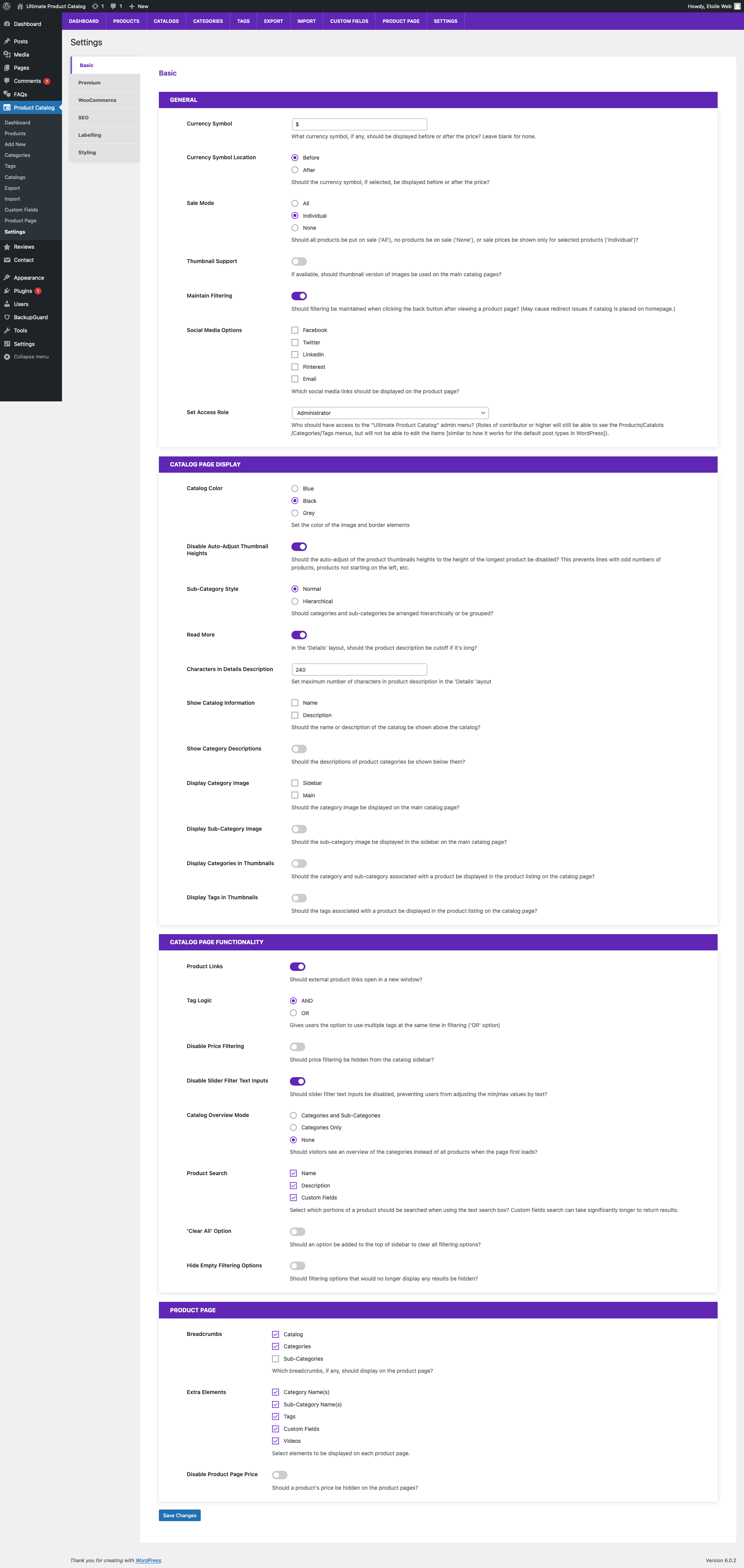 Basic settings page