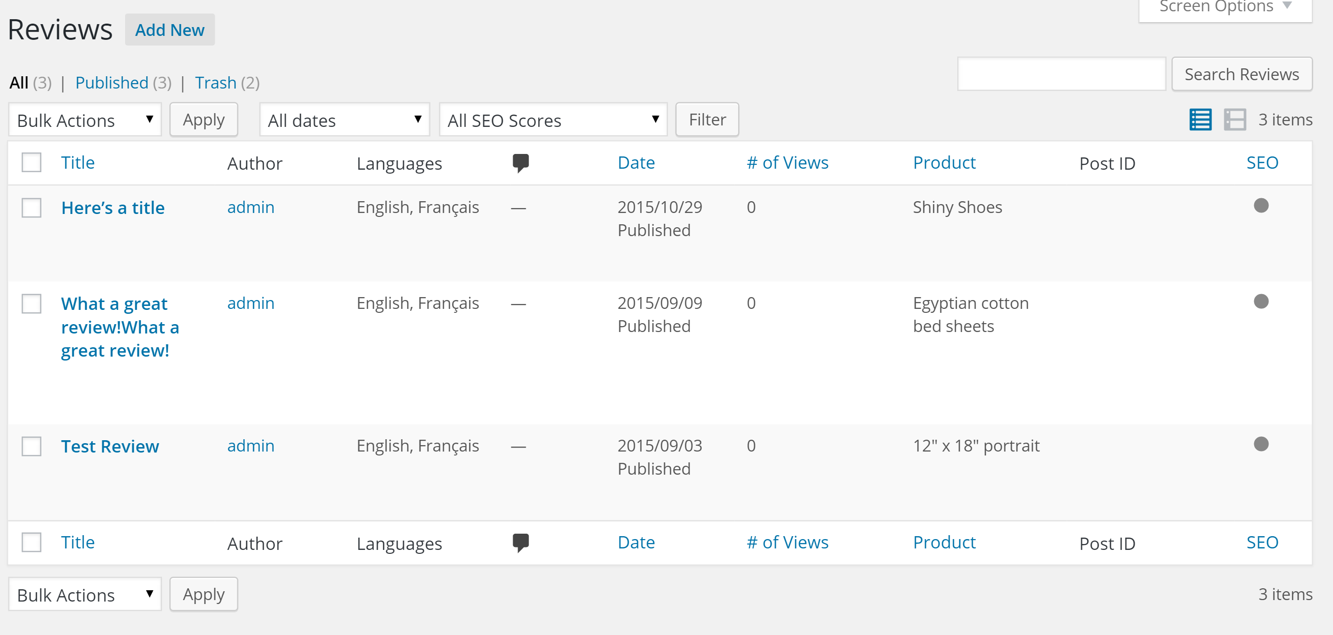 The admin area showing the review title and the product being reviewed