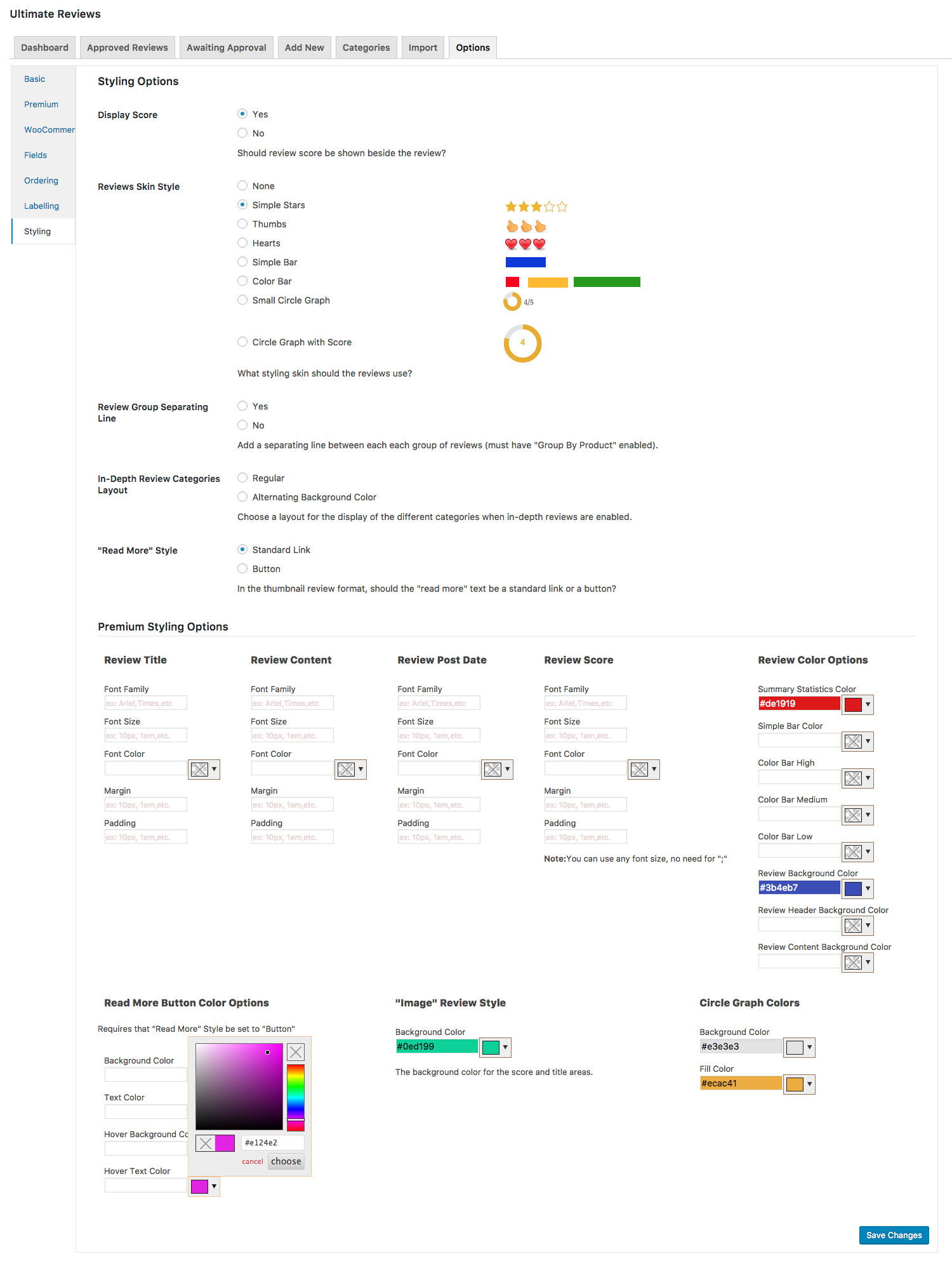 The "Styling" area of the "Options" tab