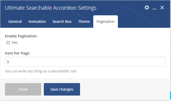 WPBakery addon accordion pagination settings.