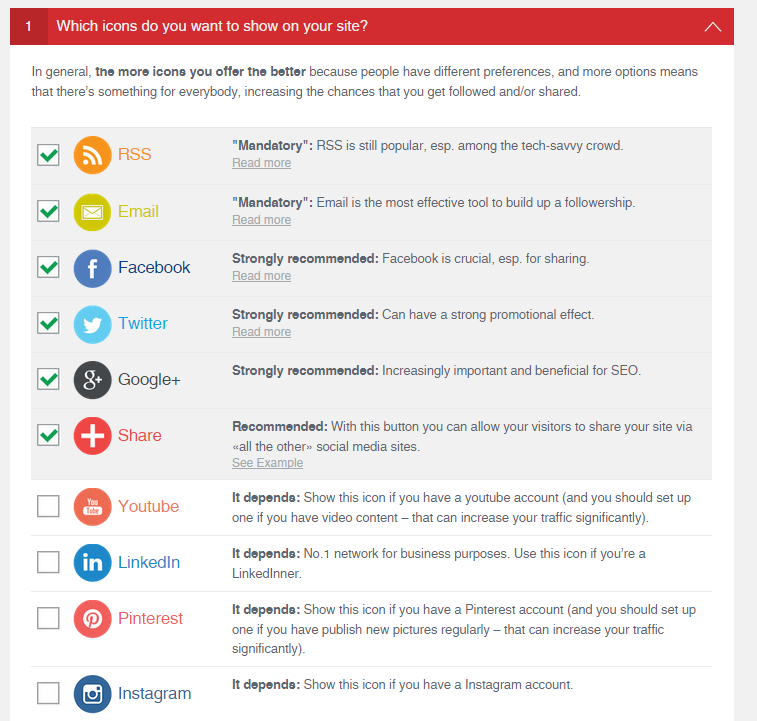 as a first step you select which share icons you want to display on your website - counting overlapping shared twitter facebook instagram etc