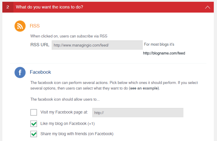 <p>Then you'll define what the share icons should do (they can perform several actions, e.g. lead users to your facebook page, or allow them to share your content on their facebook page)</p>