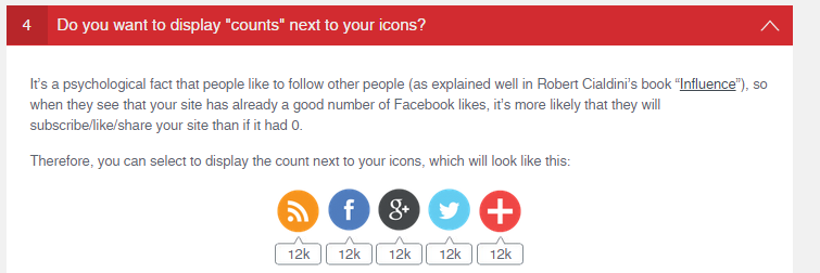 <p>You can choose to display counts next to your social share icons (e.g. number of Twitter-followers)</p>