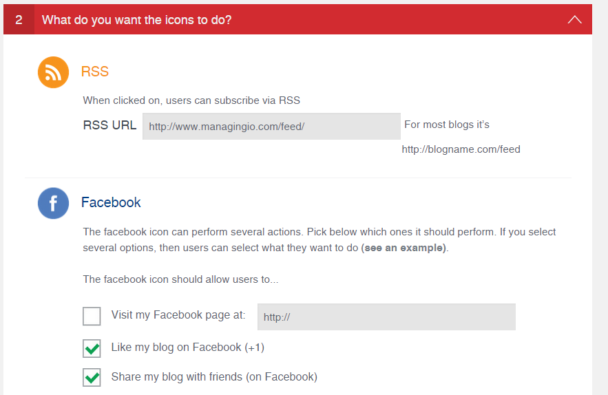 <p>A seguir, você definirá o que os ícones devem fazer (eles podem fazer várias coisas, por exemplo, levar os usuários a sua página do facebook ou permitir que compartilhem seu conteúdo na página do facebook deles)</p>