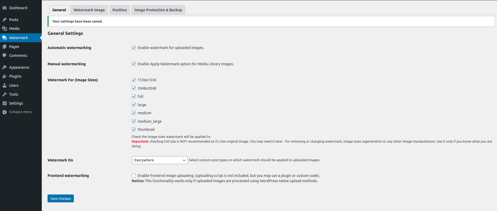 <strong>General Settings</strong> - Configure automatic and manual watermarking