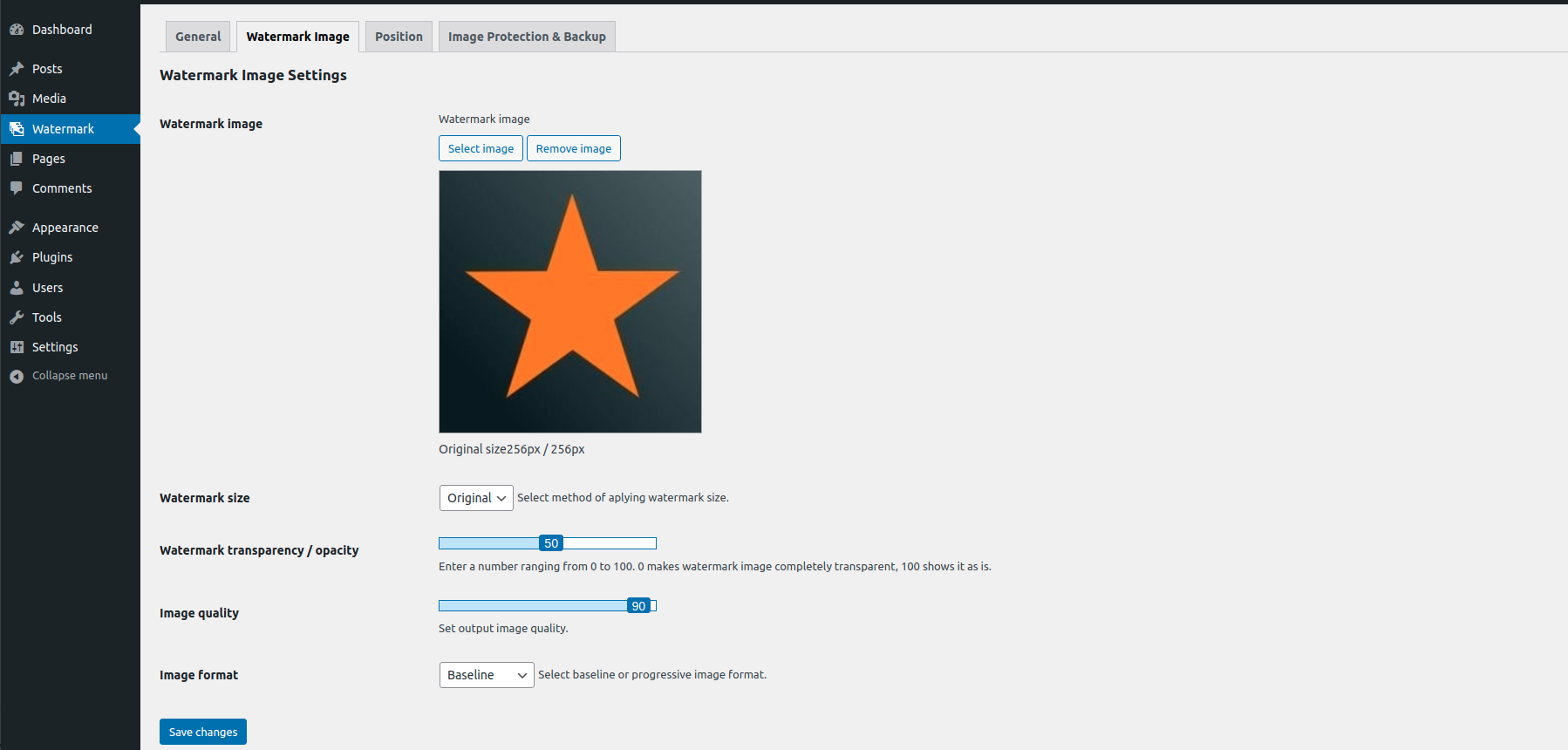 <strong>Watermark Image Settings</strong> - Upload and configure watermark appearance