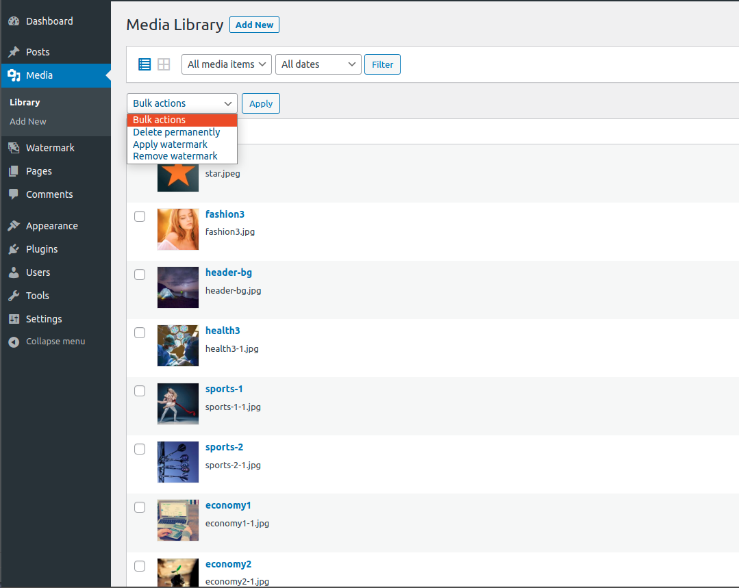 <strong>Media Library Integration</strong> - Bulk watermark operations