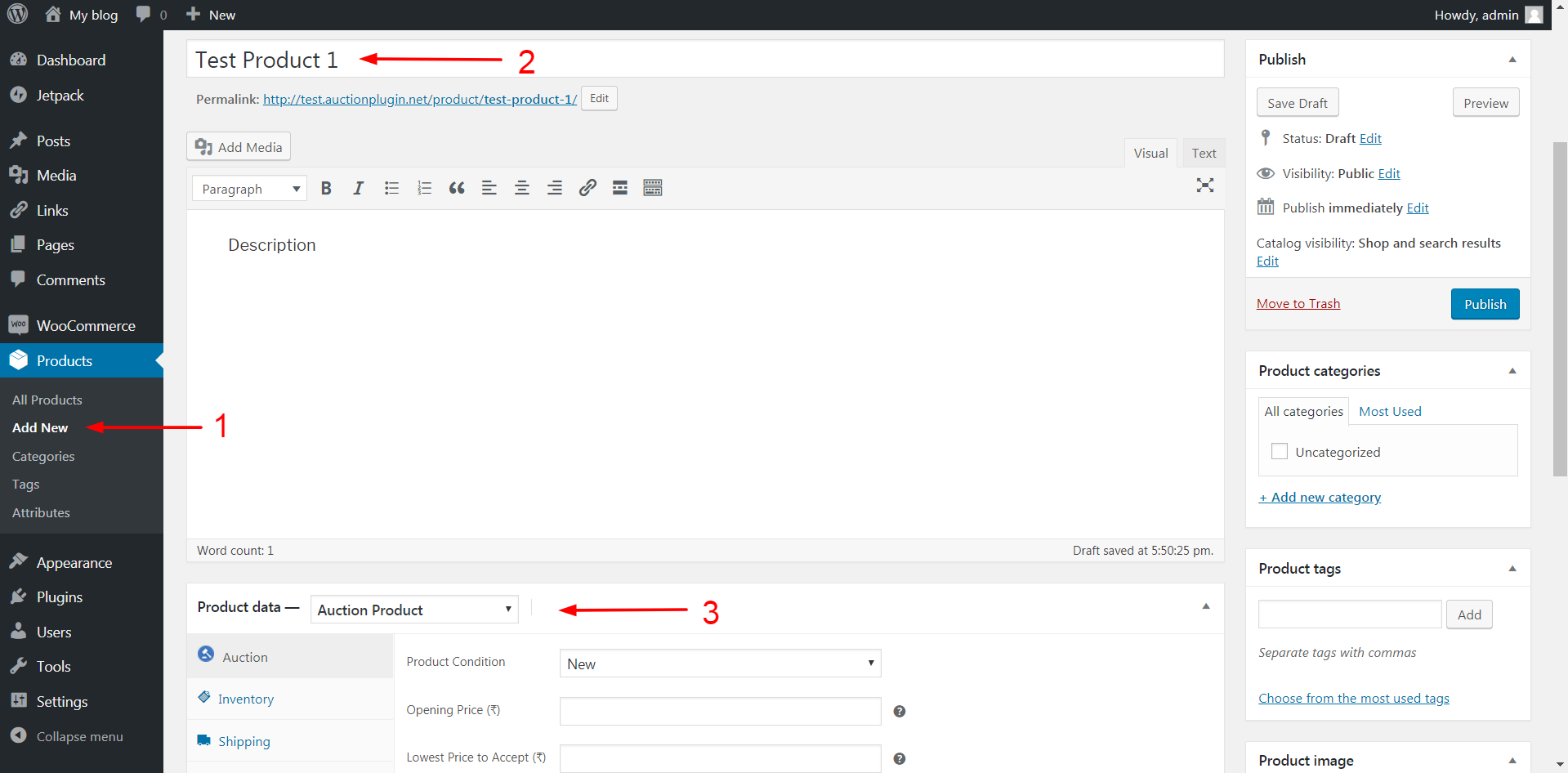 Admin: Create auction product