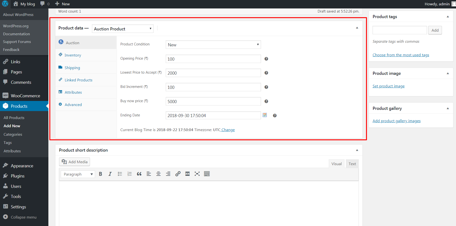 Admin: Create auction product with data