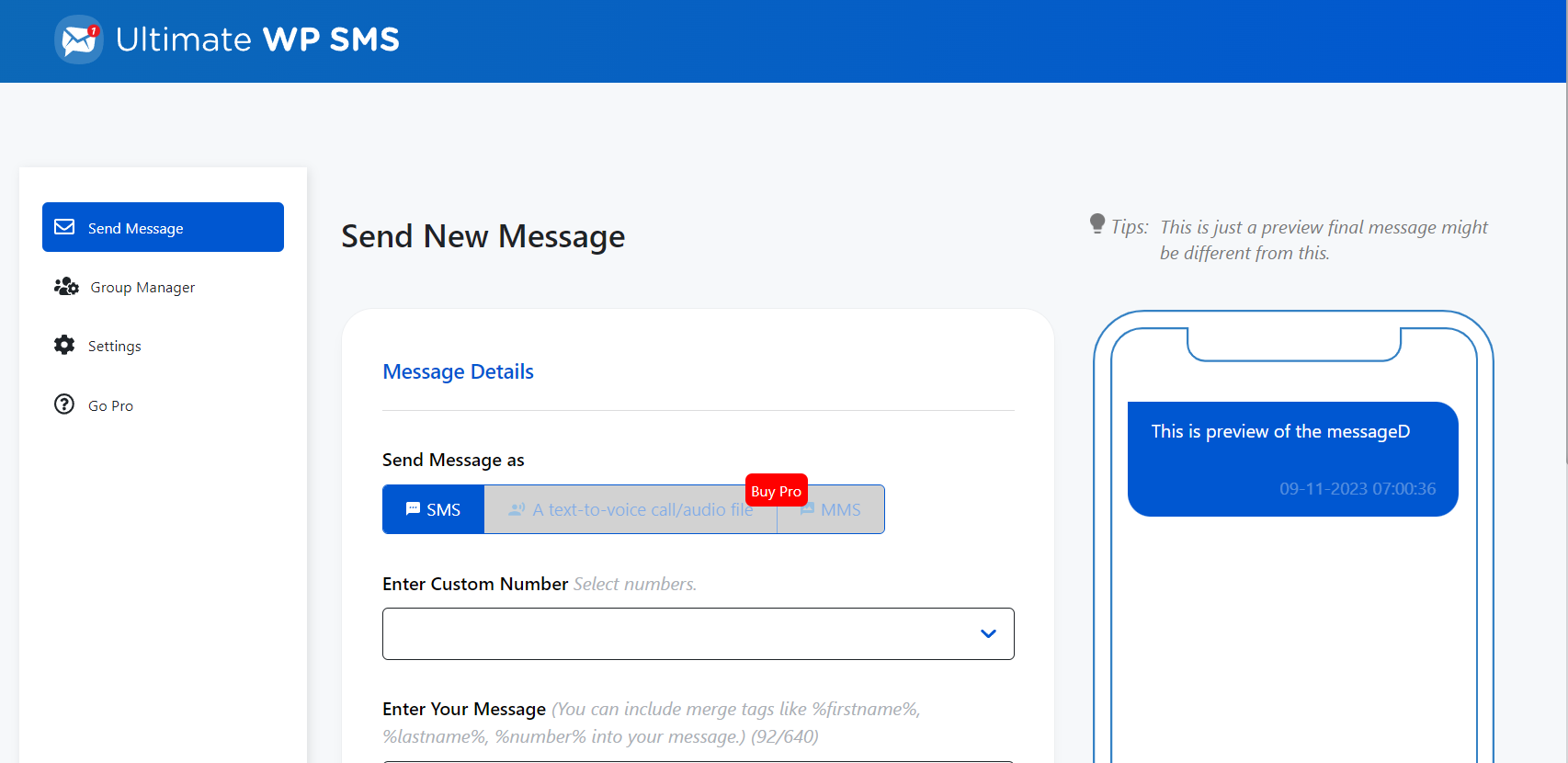 SMS Preview