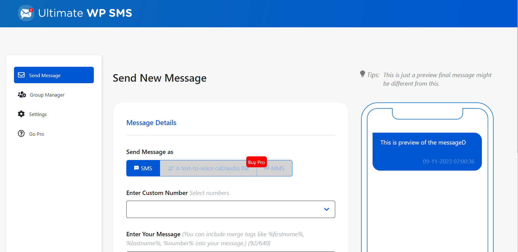 Ultimate WP SMS – SMS, MMS and Voice Notifications, 2FA, OTP, Integrations with WooCommerce, GravityForms, Ultimate members and More