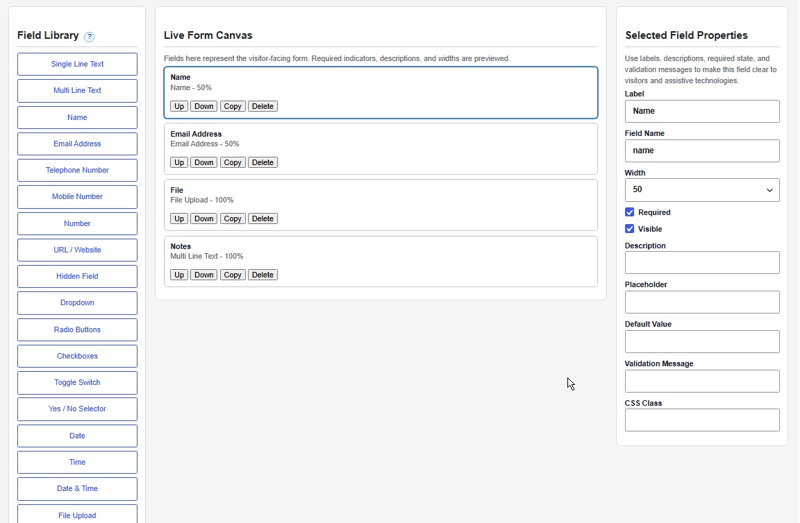 Build visually with an organized field library, live form canvas, and field-specific properties.