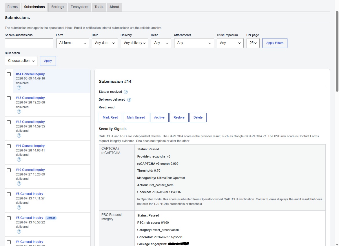 Keep enquiries organized in a searchable submission inbox with delivery, read, attachment, and advisory filters.