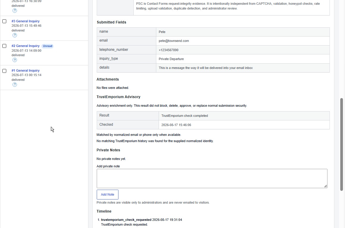 Review submitted fields, attachments, private notes, timeline activity, and safe advisory details in one place.
