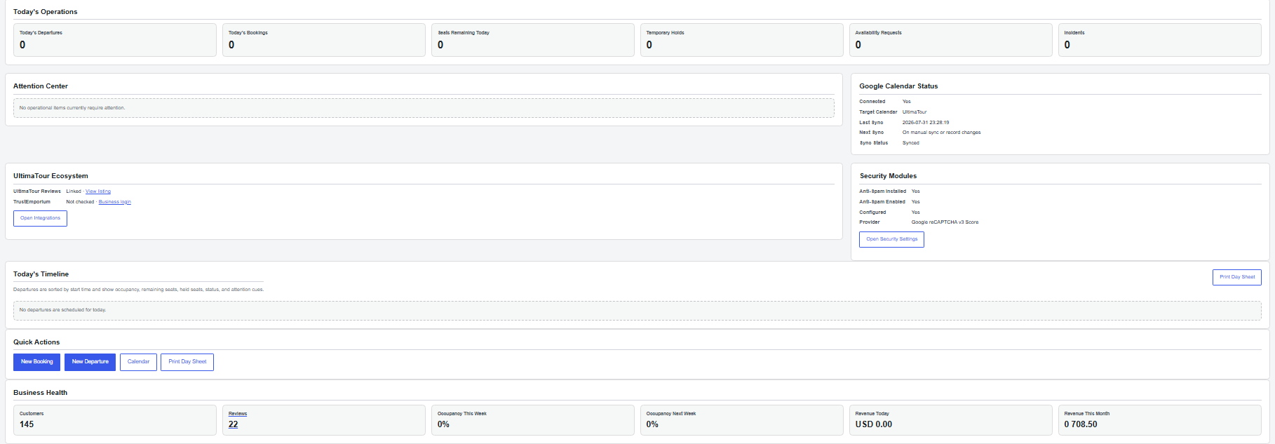 Operator dashboard with daily operations overview.