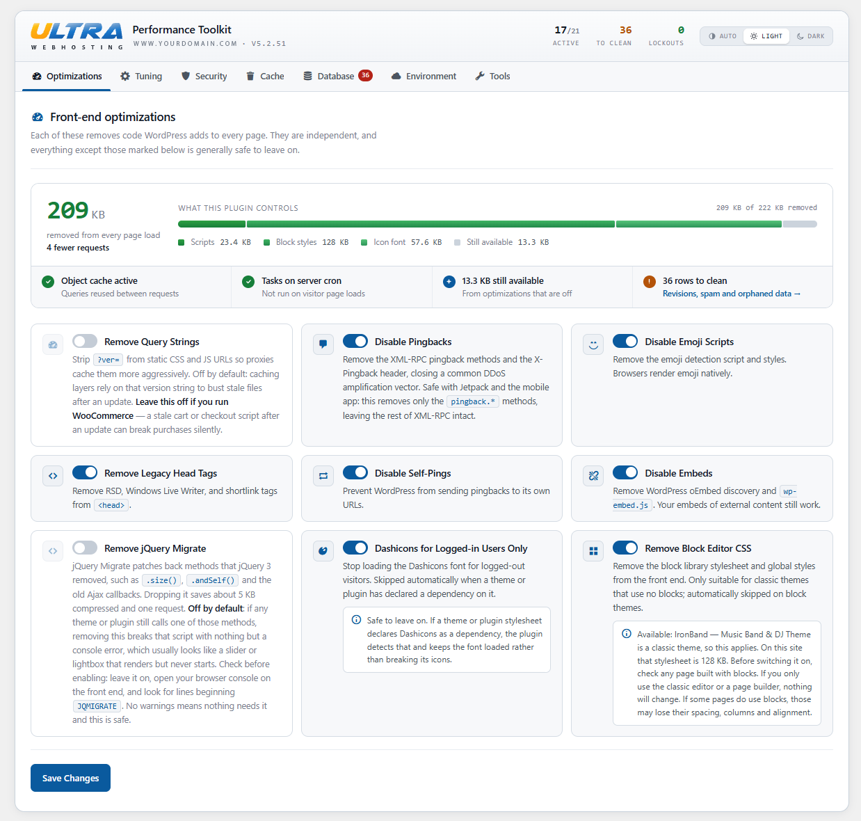 The Optimizations tab, showing what the current settings have removed from every page load.