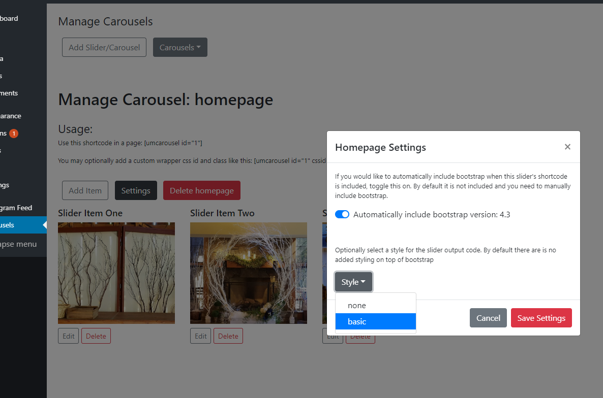 Change settings for a carousel in Settings