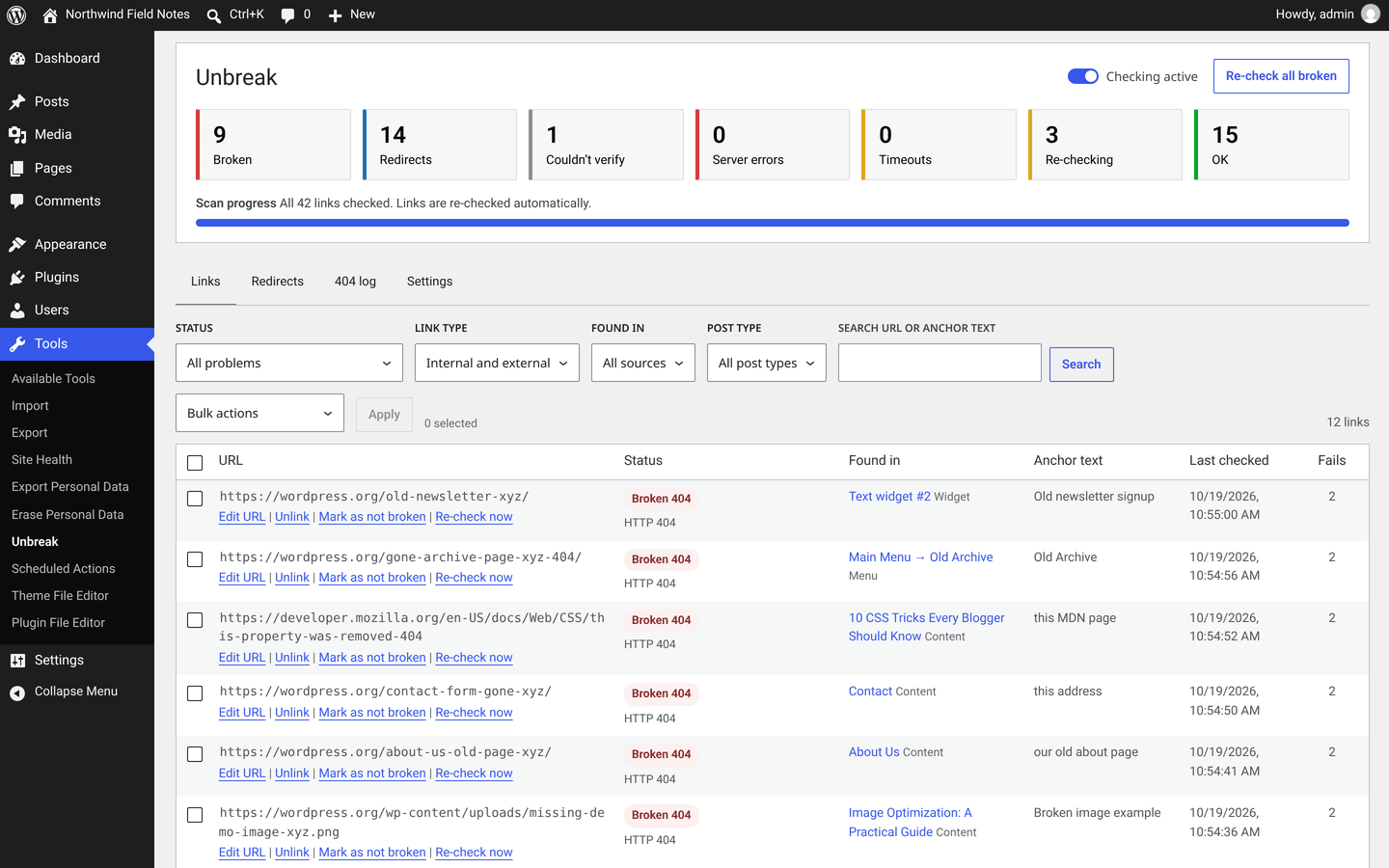 Dashboard with counts, scan progress, the pause switch and the links table.
