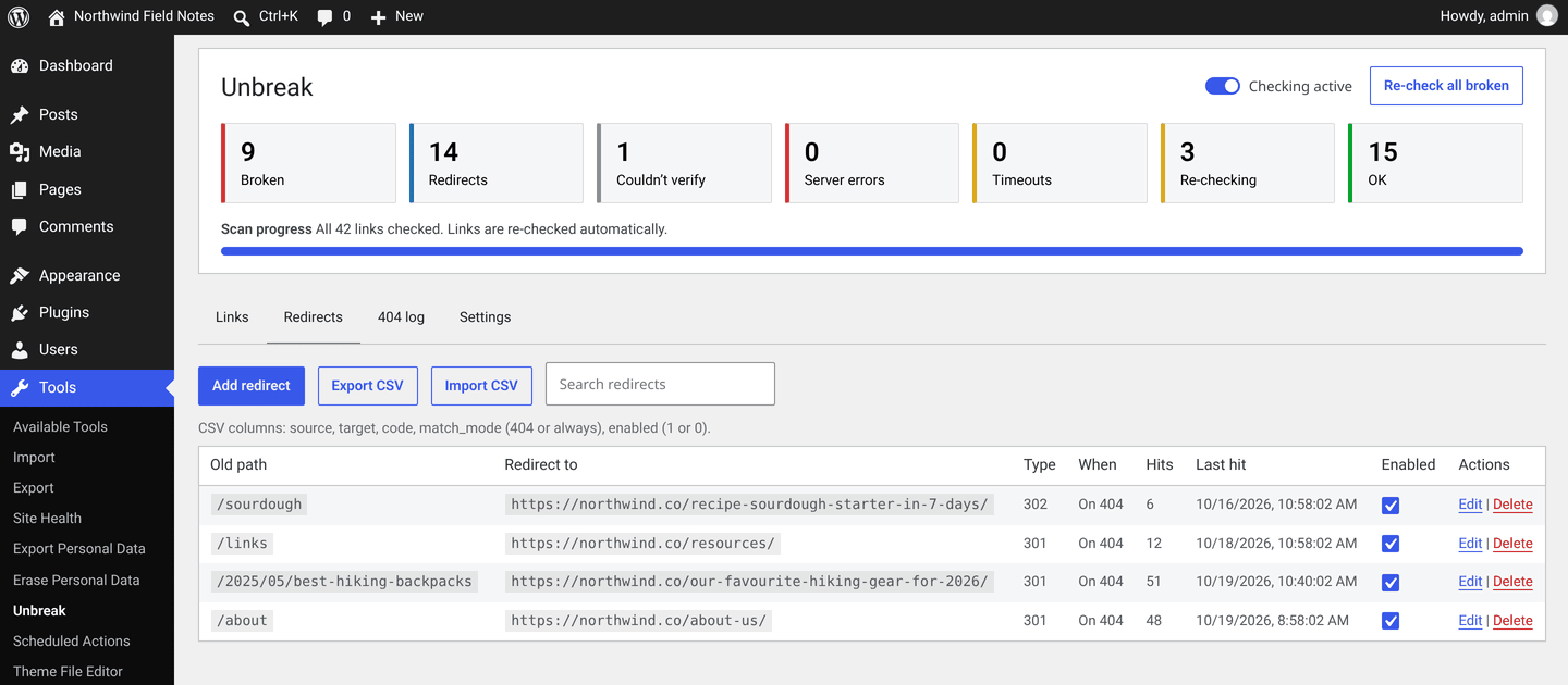 Redirects with hit counters and CSV import/export.