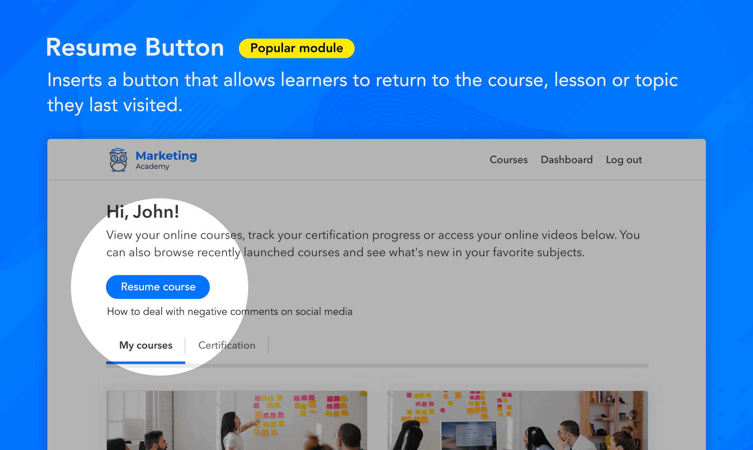 LearnDash Resume Button module - works at a global or course level