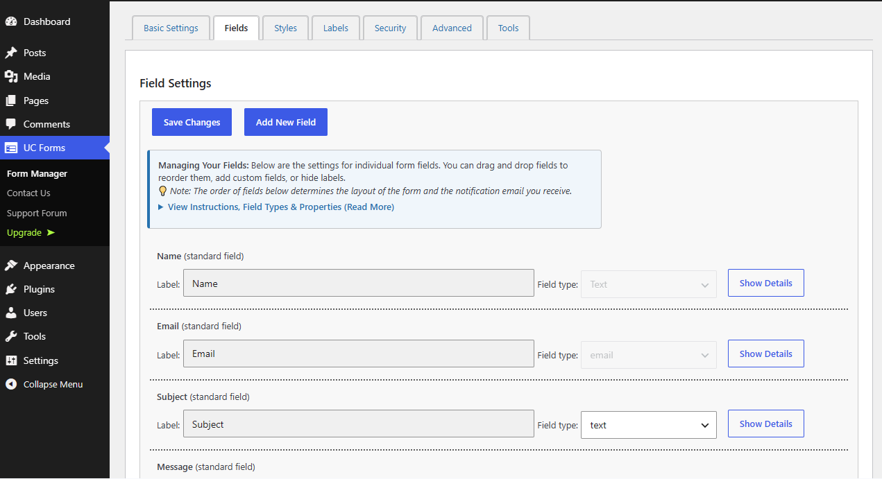 Drag-and-drop field management on the Fields tab.