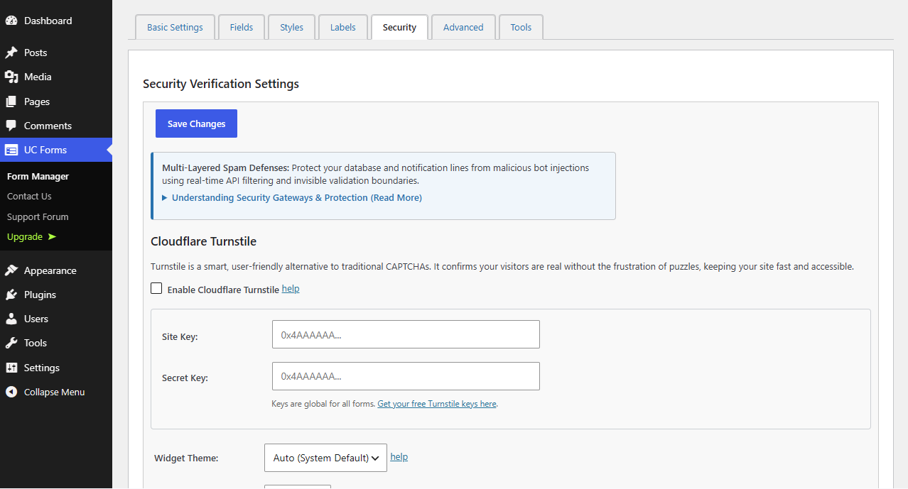 Security settings featuring Cloudflare Turnstile and IP Privacy controls.