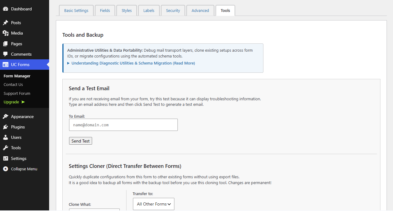 The Tools tab featuring the Settings Cloner and SMTP Diagnostics.