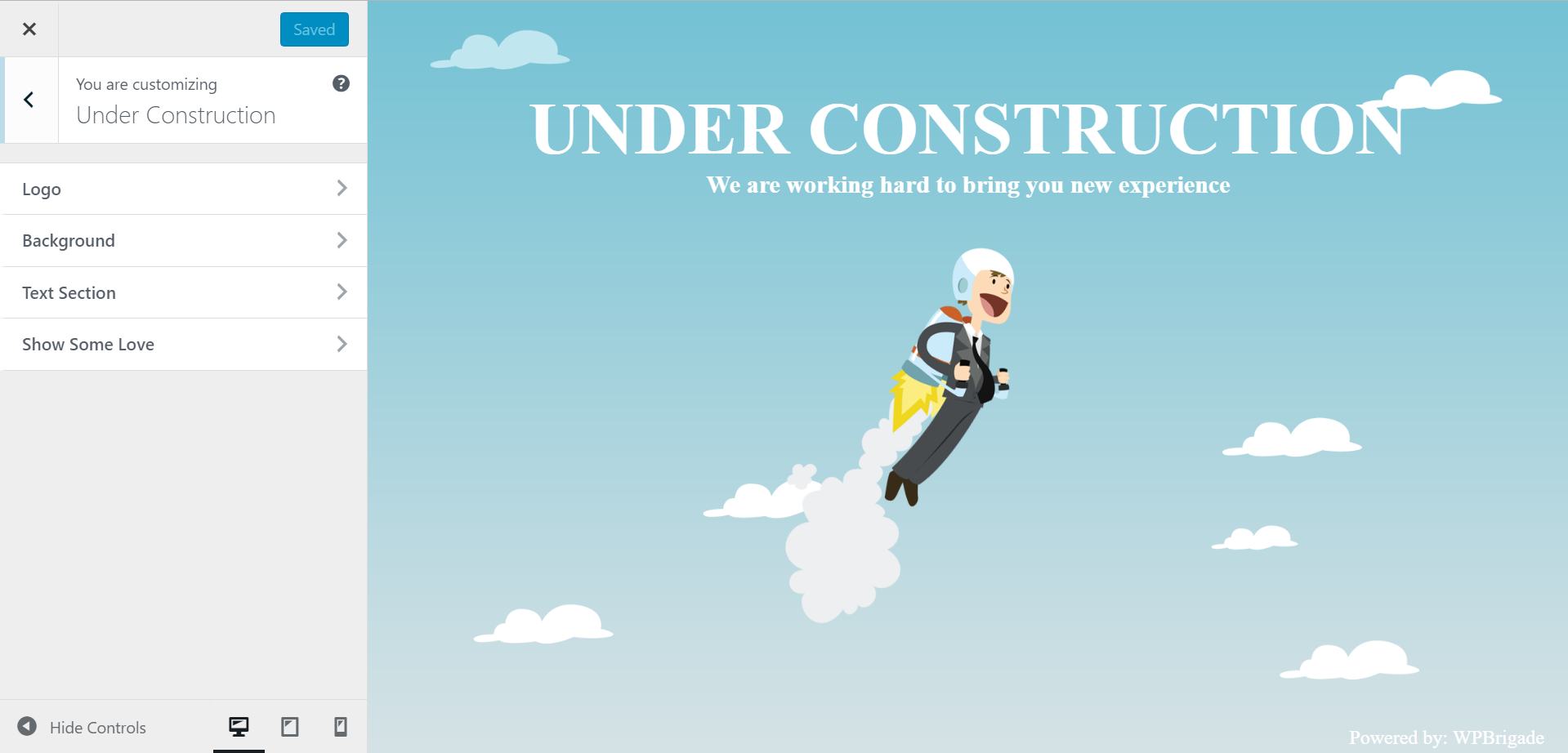 Under Construction by WPBrigade - <a href="https://wpbrigade.com/wordpress/plugins/under-construction-maintenance-mode/">Edit page with WordPress Customizer</a>