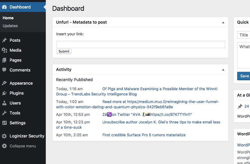 Wordpress Dashboard - Interface to paste links into