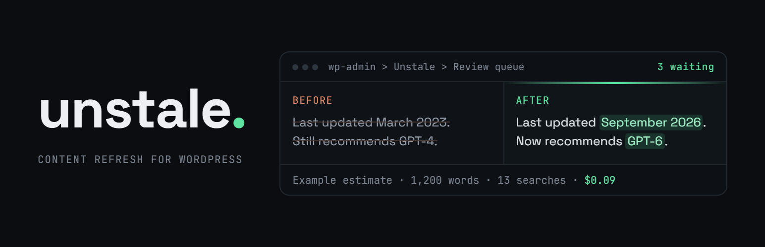 WordPress 外掛 Unstale – Refresh Old Posts with AI, Fact-Check & Republish 的封面圖片
